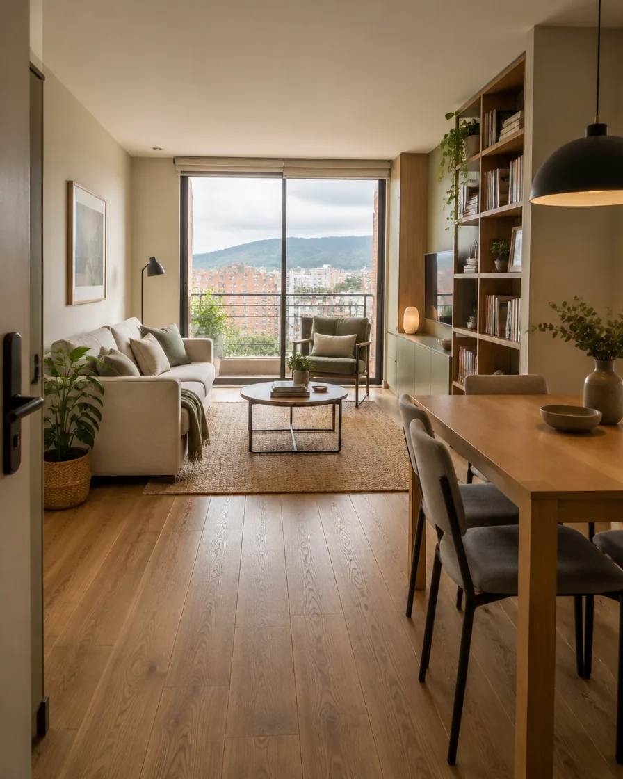 Concepto generado con IA de una sala comedor de apartamento renovada; no corresponde a una obra ejecutada.